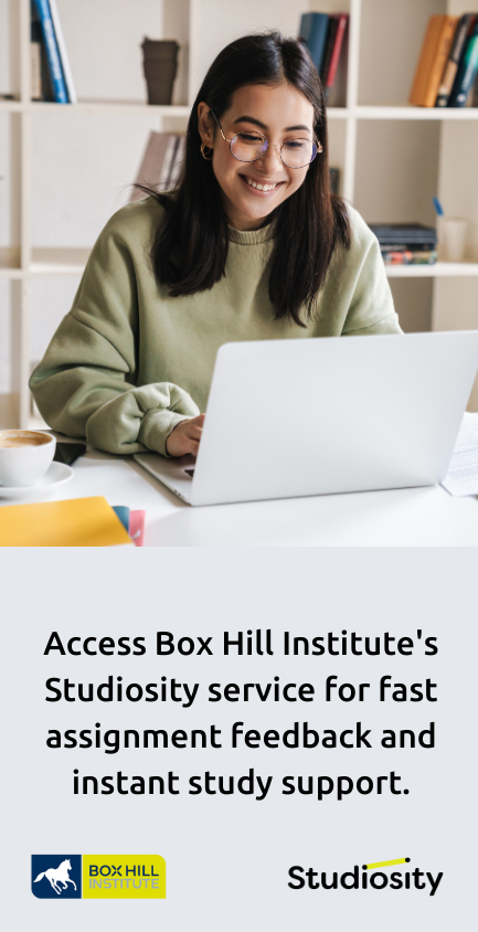 Girl holding laptop and notepad. Caption: Access Box Hill Institute's Studiosity service for fast assignment feedback and instant study support.