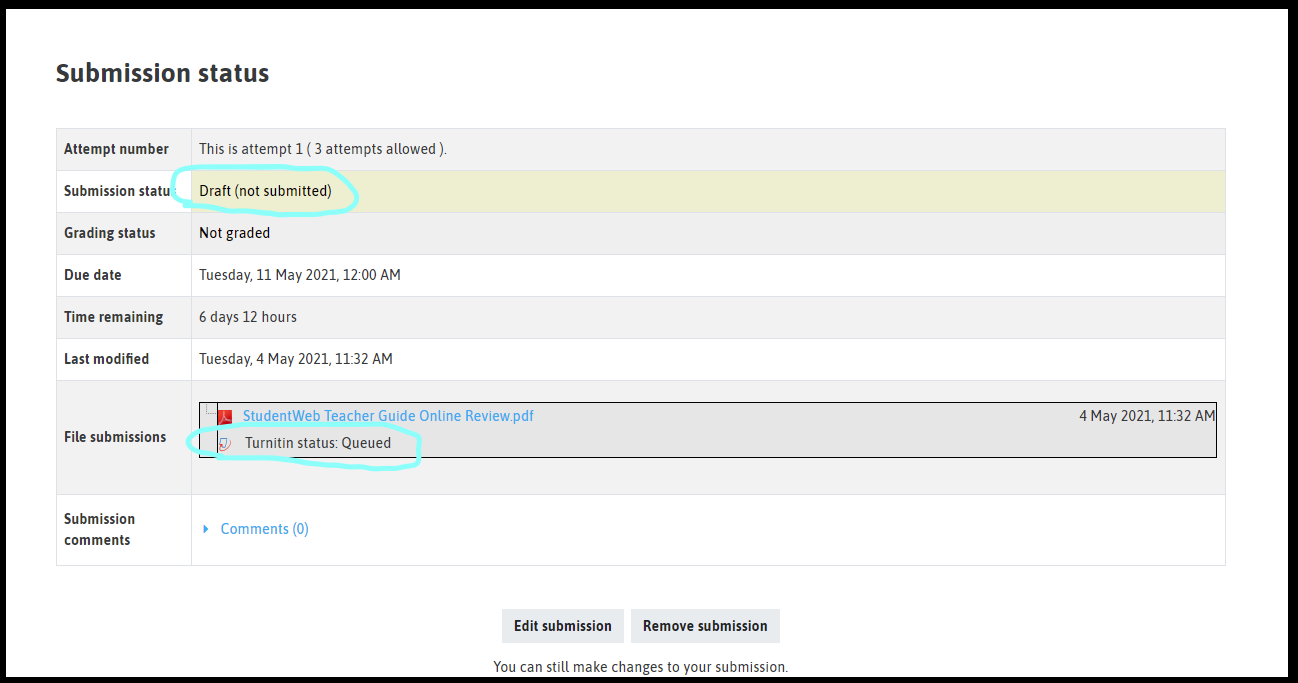 Image of the submission status showing the draft is not submitted and the Turnitin status is queued. 