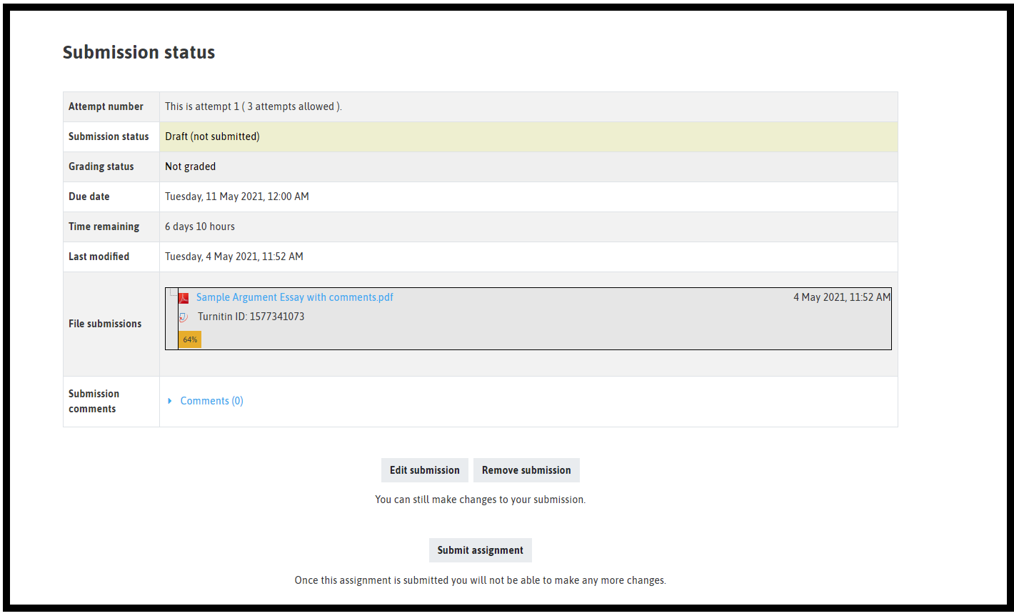 image of the submission status showing the Turnitin percentage