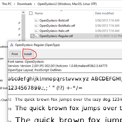 Image of Windows dialogue box for installing a font