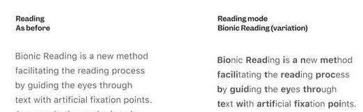 Two columns of text side by side headed Reading as before and Reading Mode Bionic Reading (variation). 