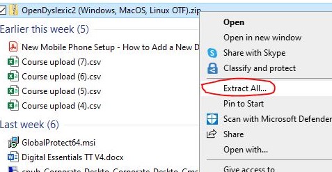 Image of Windows menu to extract zip file