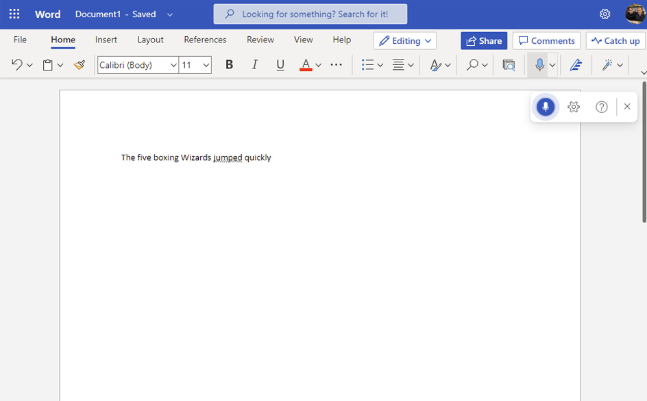 Screenshot of Office 365 Word dictation tool