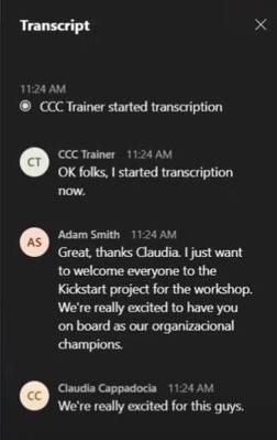 Image of transcript in Teams, showing note 'CCC Trainer started transcription'