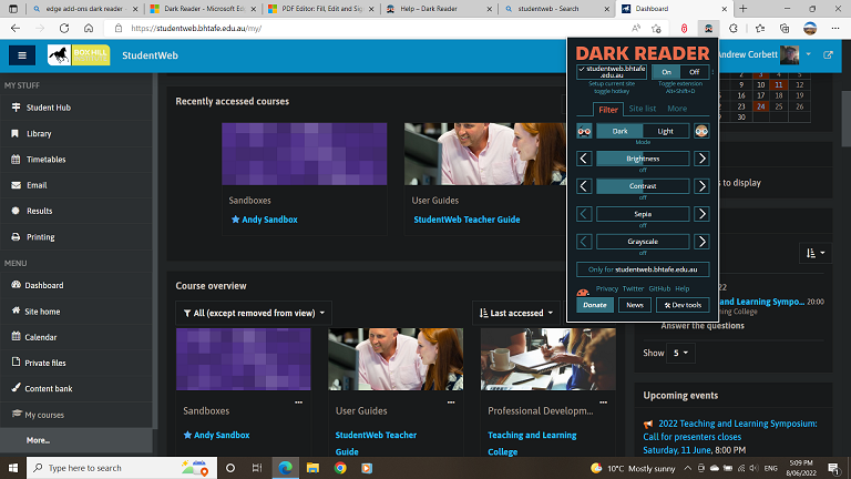 Image of Dark Reader control panel