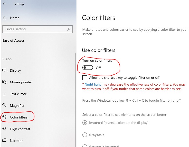 Image of Windows colour filters settings