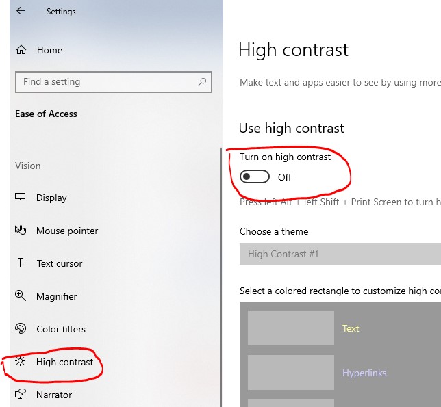 Image of Windows high contrast settings