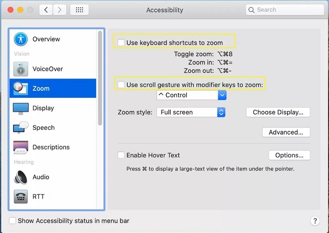Image of Zoom settings on a Mac