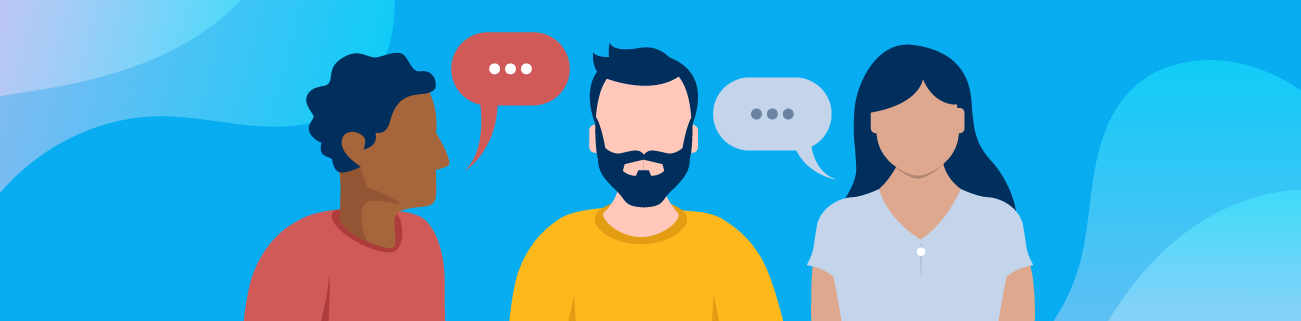 Illustration with two men and a woman with speech bubbles above their heads