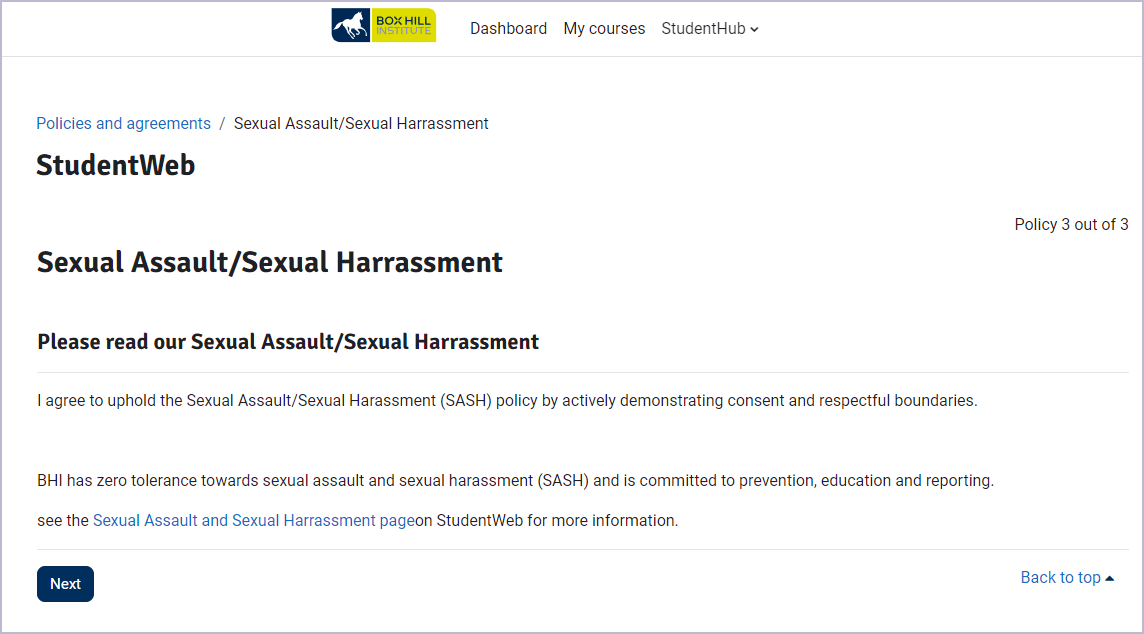 image to show what Sexual Assault/Sexual Harassment policy looks like