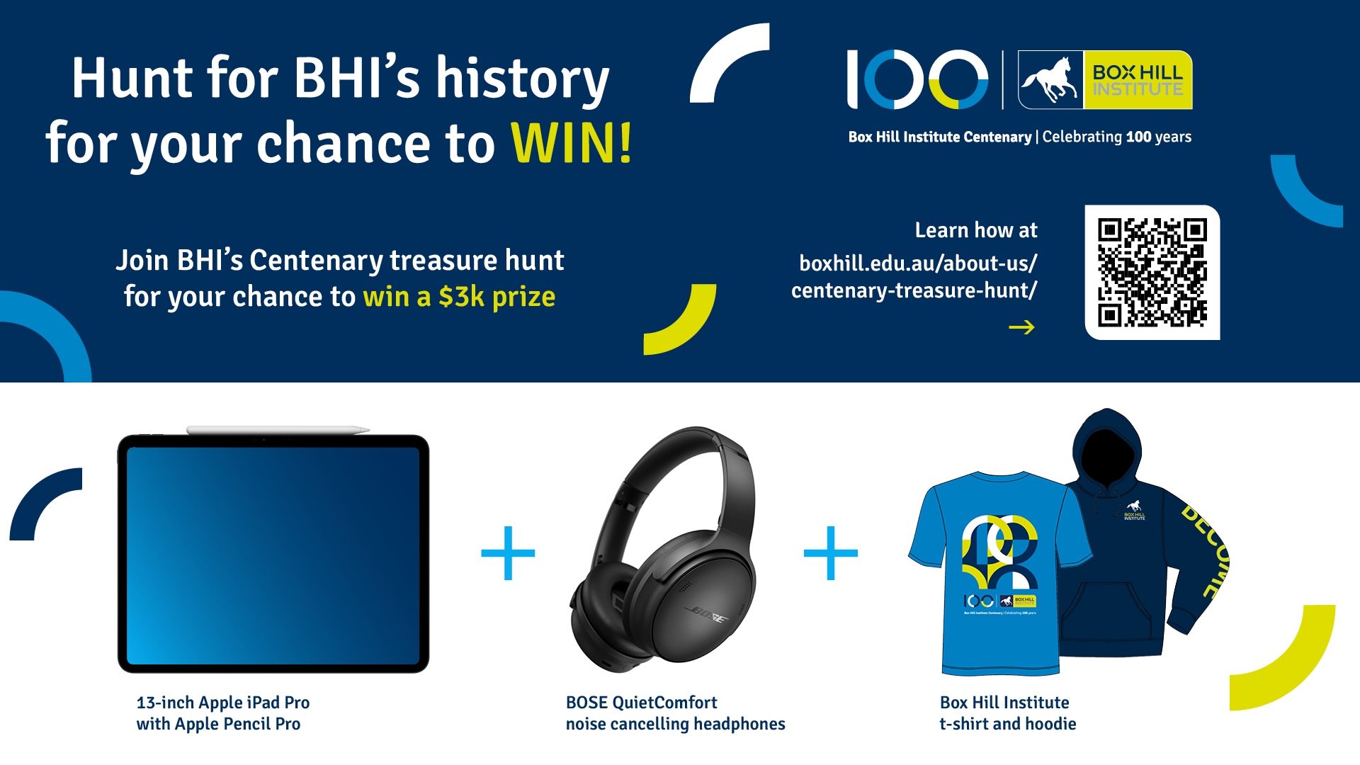 Prize pack for BHI centenary treasure hunt. Includes 13-inch Apple iPad Pro with Apple Pencil Pro, BOSE QuietComfort noise ca