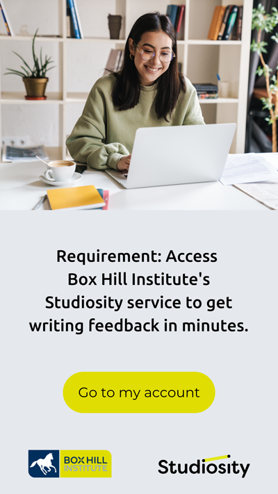 Girl holding laptop and notepad. Caption: Access Box Hill Institute's Studiosity service for fast assignment feedback and instant study support.